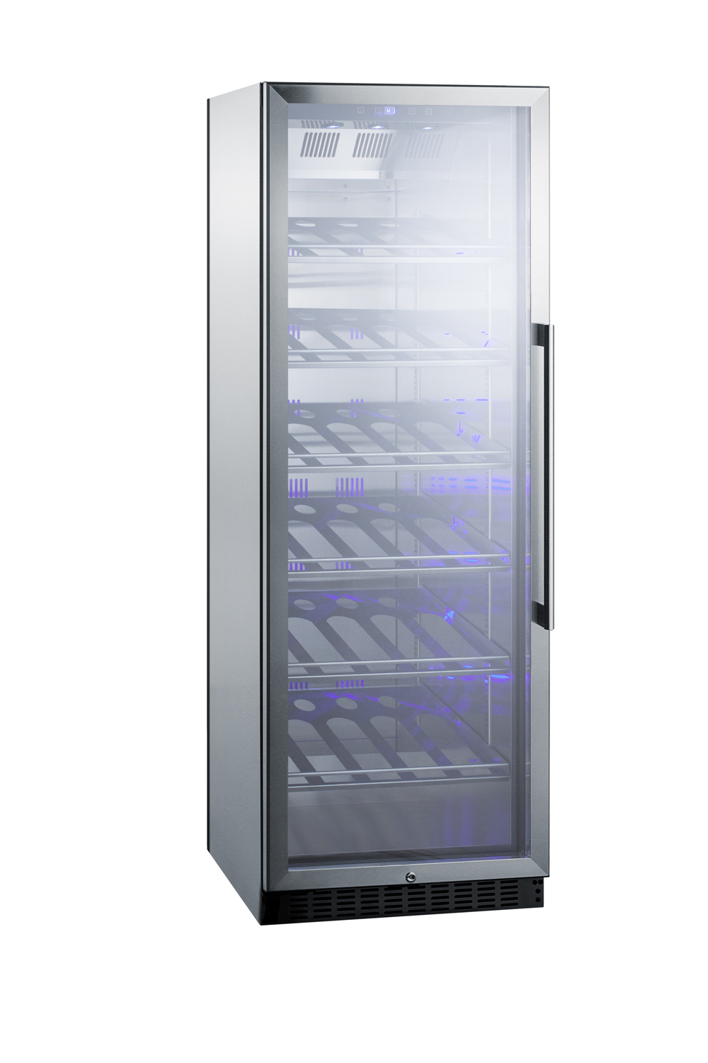 Full-size commercially listed wine cellar with stainless steel interior, champagne shelving, digital controls, self-closing glass door, and stainless steel cabinet